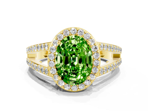 Yellow gold Oval Cut Peridot Halo Ring with Split Shank U-Prong Band and Four-Prong Setting