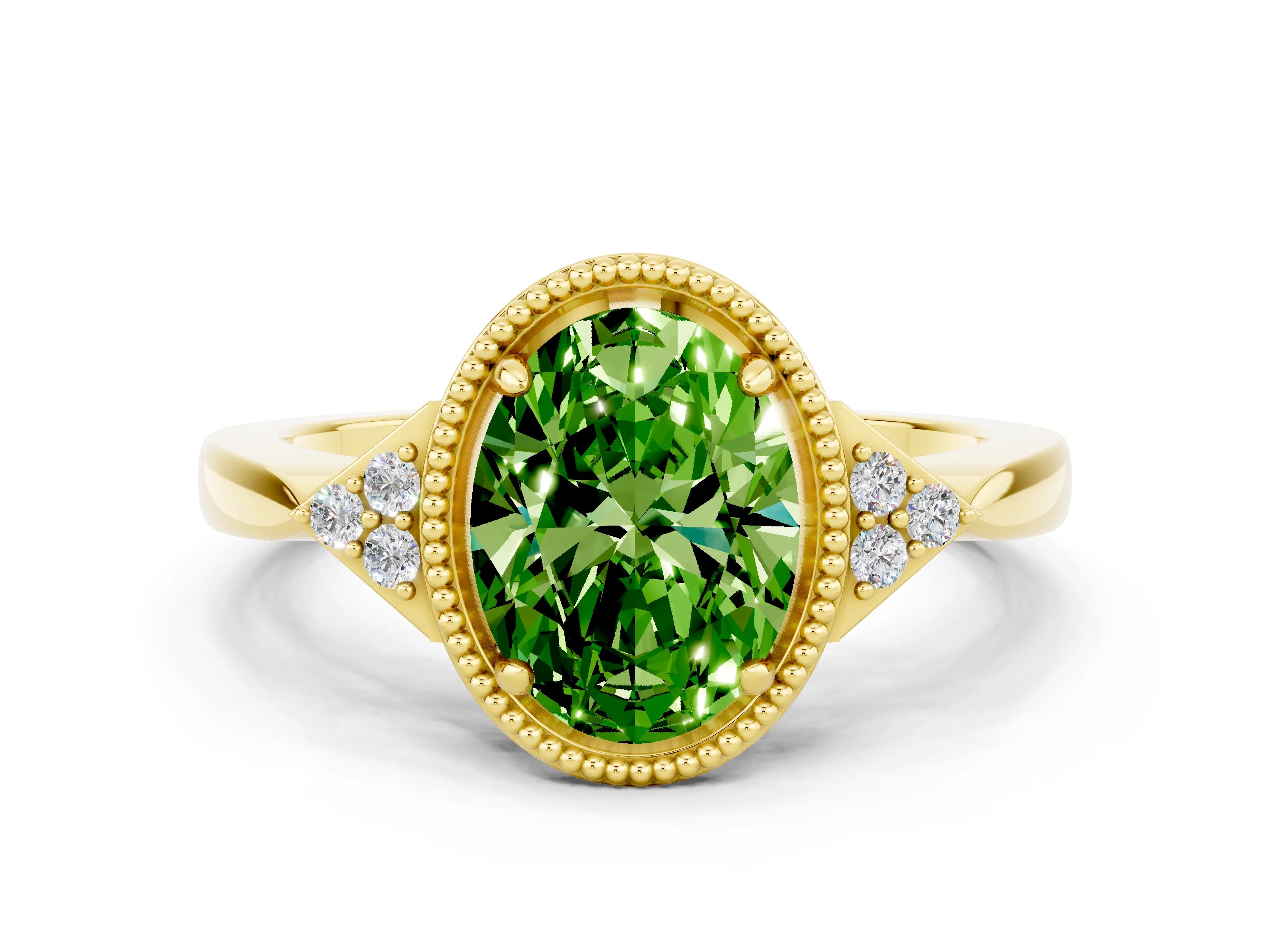Yellow gold Oval Cut Peridot Halo Ring with Tapered Band and Four-Prong Setting
