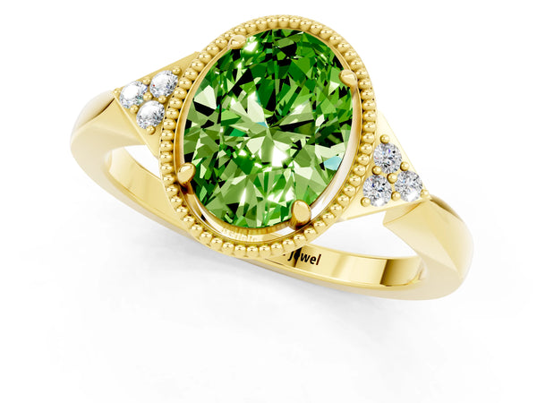 Yellow gold Oval Cut Peridot Halo Ring with Tapered Band and Four-Prong Setting