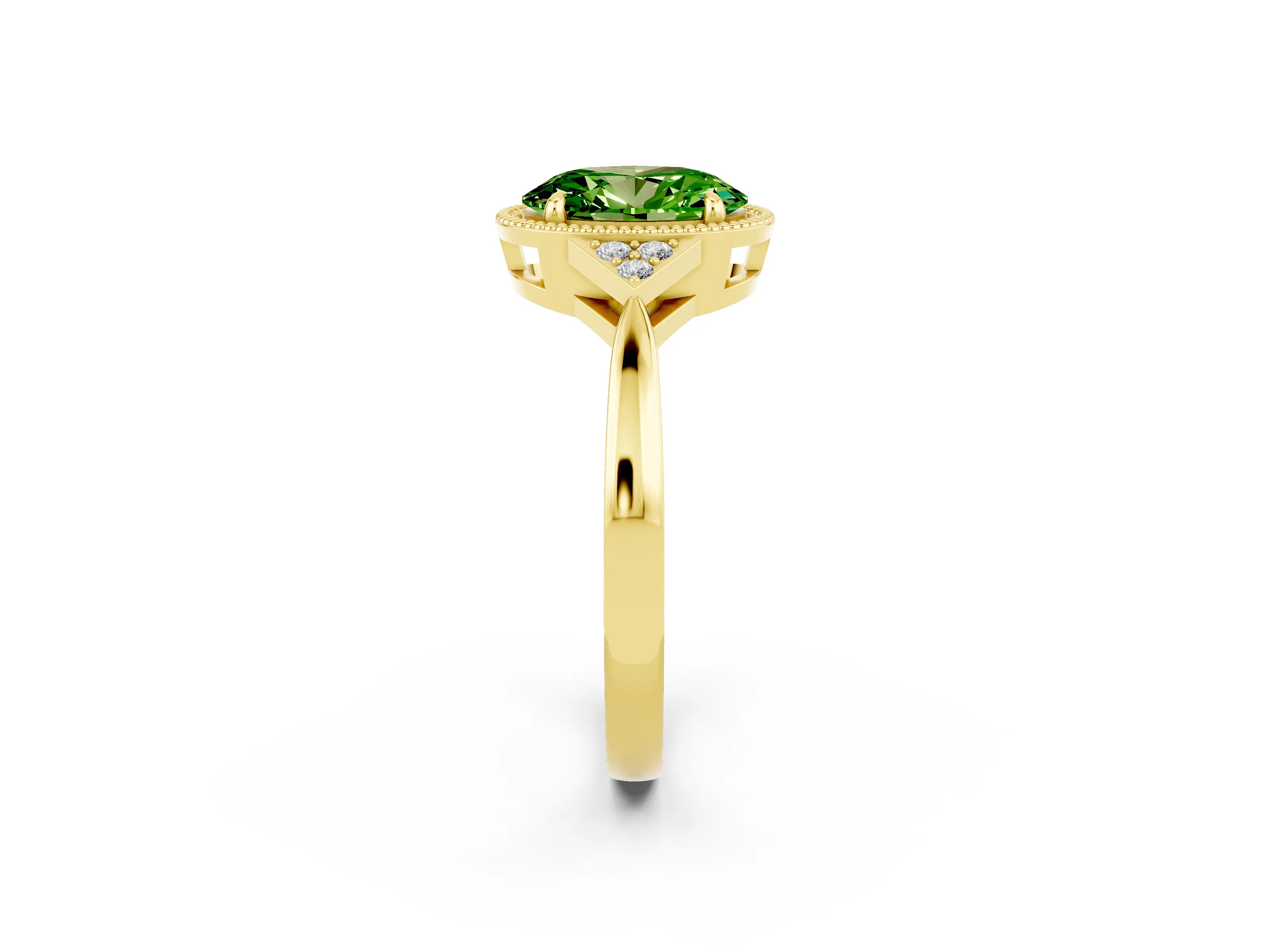 Yellow gold Oval Cut Peridot Halo Ring with Tapered Band and Four-Prong Setting_2