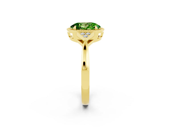 Yellow gold Oval Cut Peridot Halo Ring with Tapered Band and Four-Prong Setting