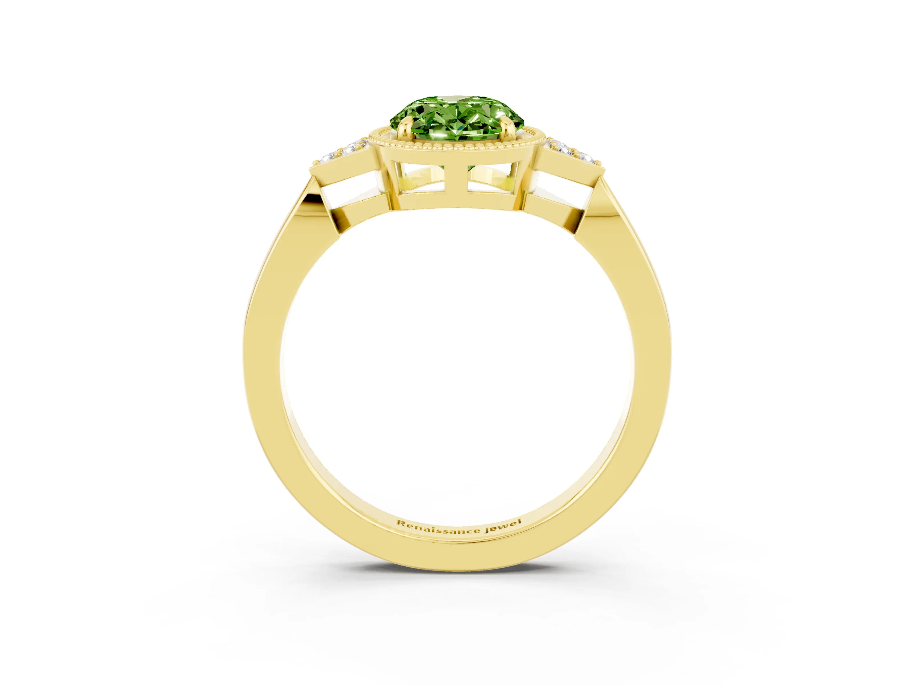 Yellow gold Oval Cut Peridot Halo Ring with Tapered Band and Four-Prong Setting_3