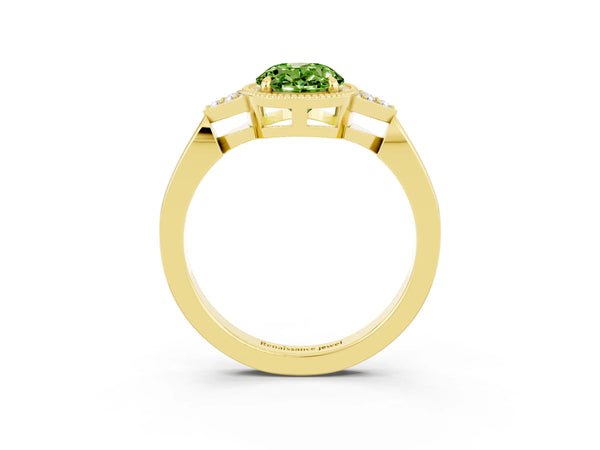 Yellow gold Oval Cut Peridot Halo Ring with Tapered Band and Four-Prong Setting