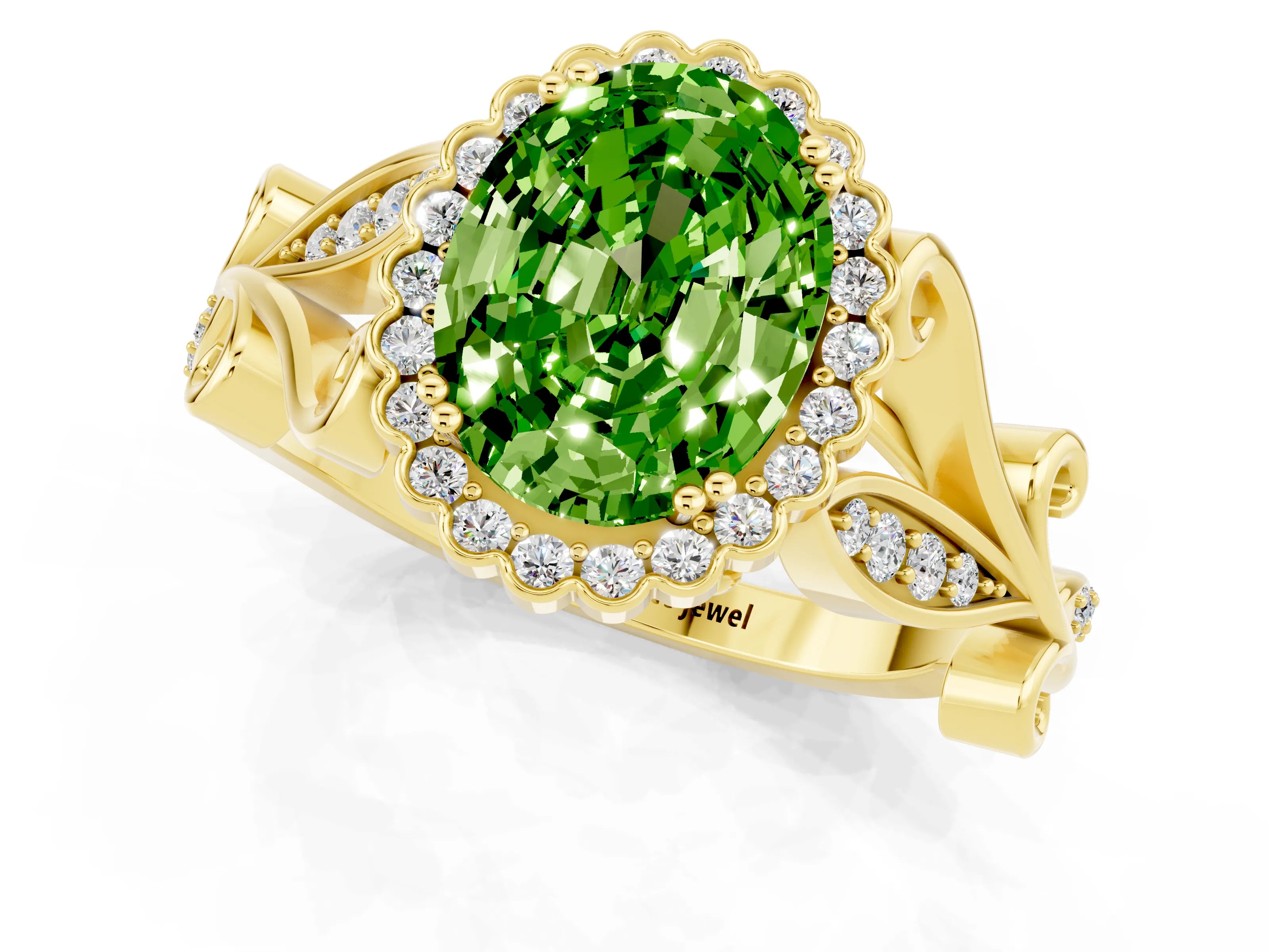 Yellow gold Oval Cut Peridot Halo Ring with Vintage Split Shank and Four-Prong Setting_1