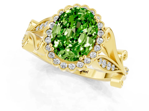 Yellow gold Oval Cut Peridot Halo Ring with Vintage Split Shank and Four-Prong Setting_1