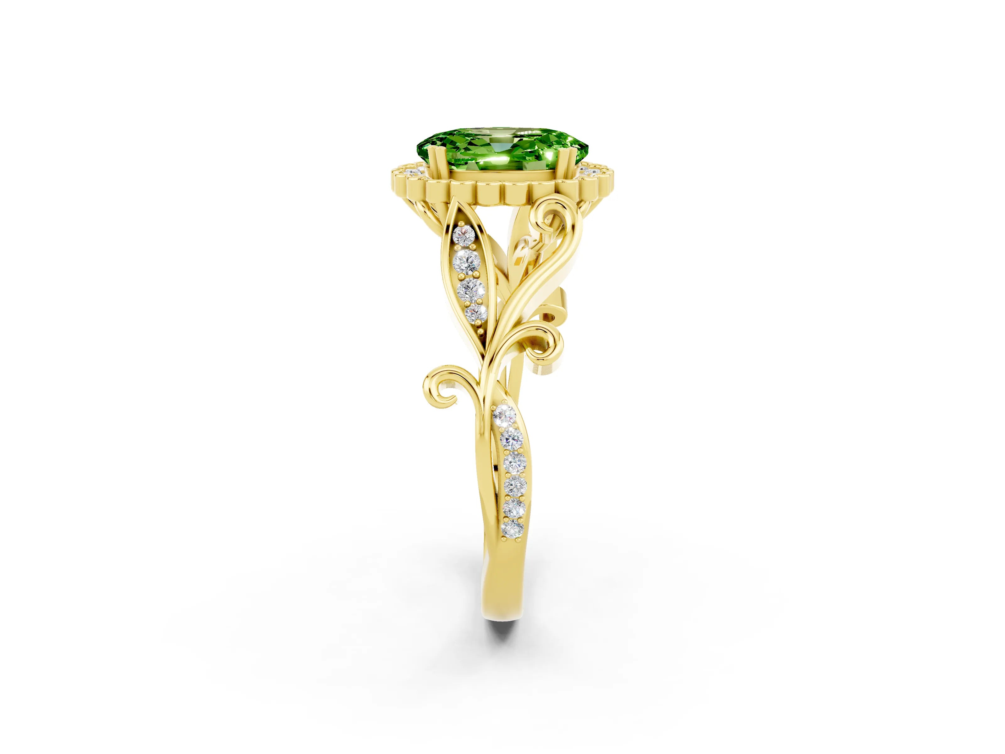 Yellow gold Oval Cut Peridot Halo Ring with Vintage Split Shank and Four-Prong Setting_2