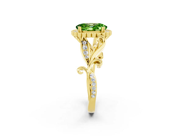 Yellow gold Oval Cut Peridot Halo Ring with Vintage Split Shank and Four-Prong Setting