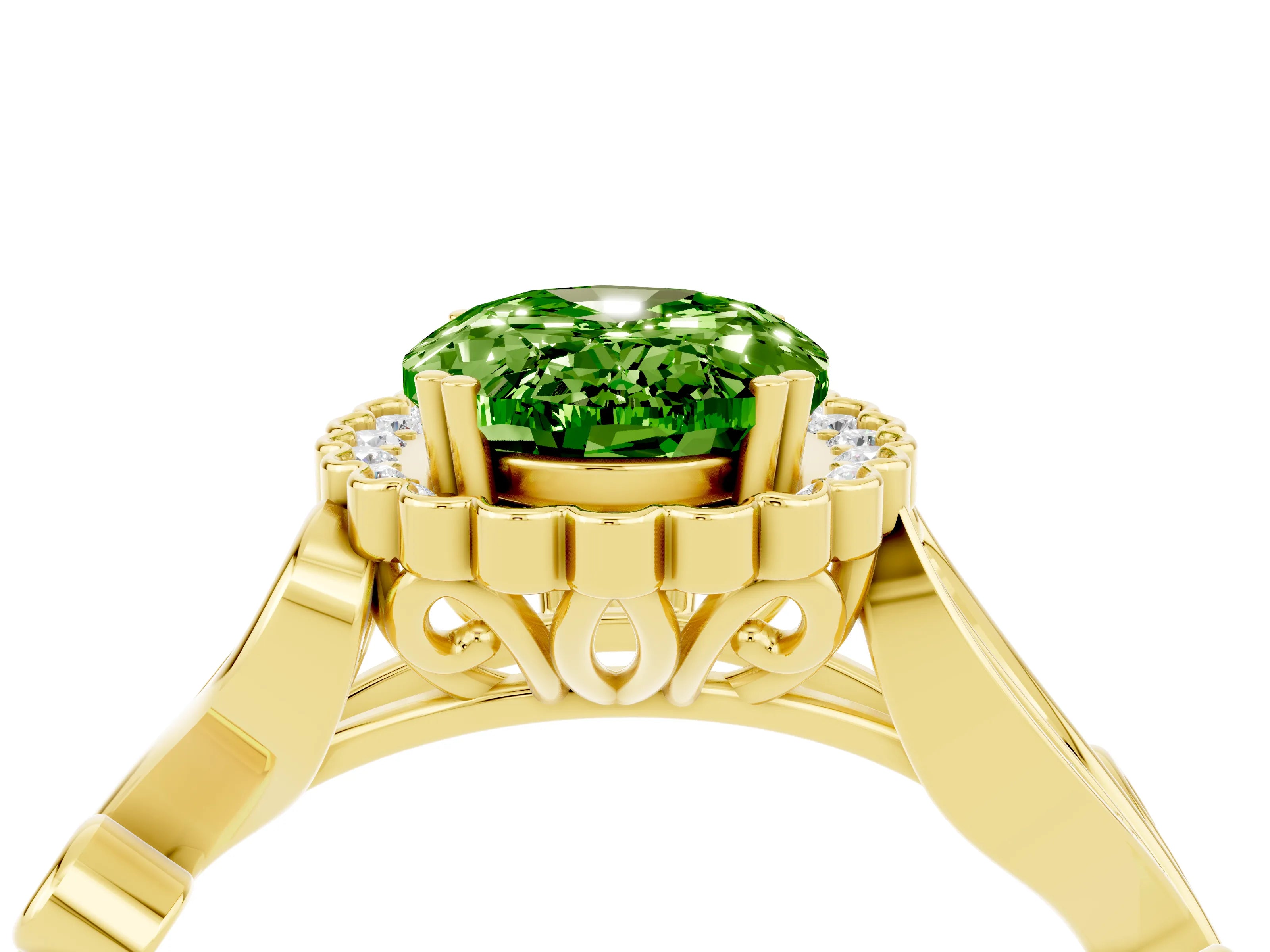 Yellow gold Oval Cut Peridot Halo Ring with Vintage Split Shank and Four-Prong Setting_4