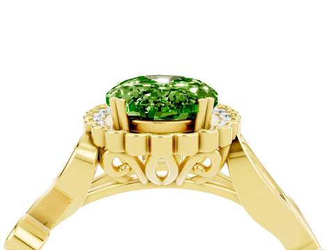Yellow gold Oval Cut Peridot Halo Ring with Vintage Split Shank and Four-Prong Setting_4