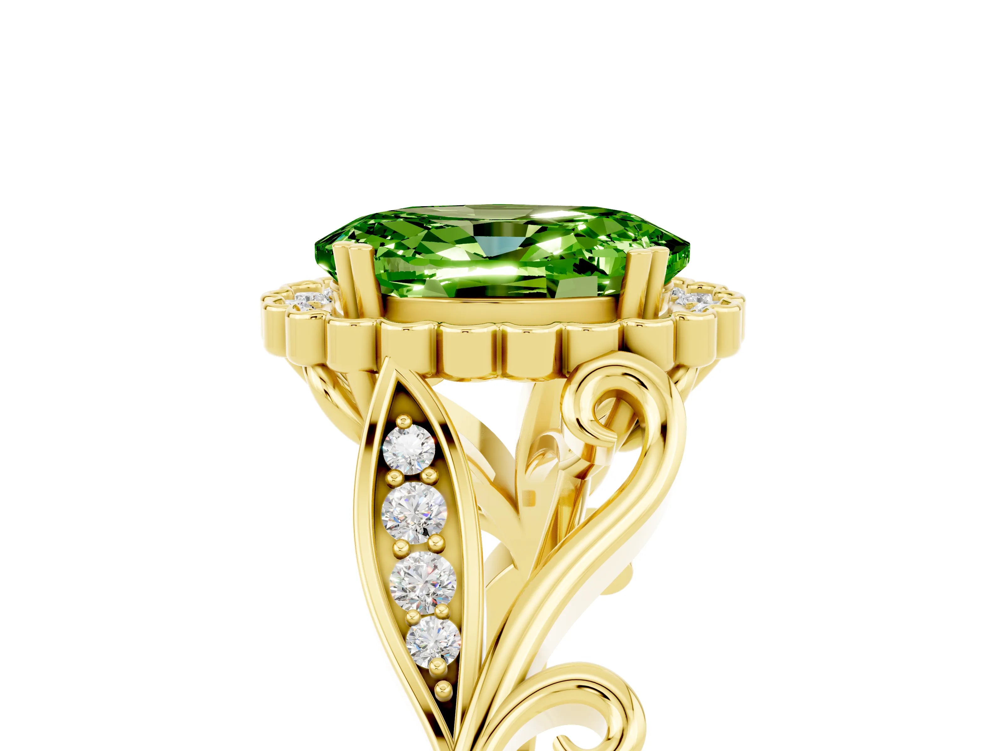 Yellow gold Oval Cut Peridot Halo Ring with Vintage Split Shank and Four-Prong Setting_5