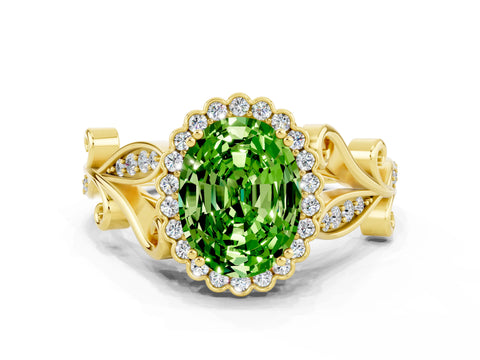 Yellow gold Oval Cut Peridot Halo Ring with Vintage Split Shank and Four-Prong Setting