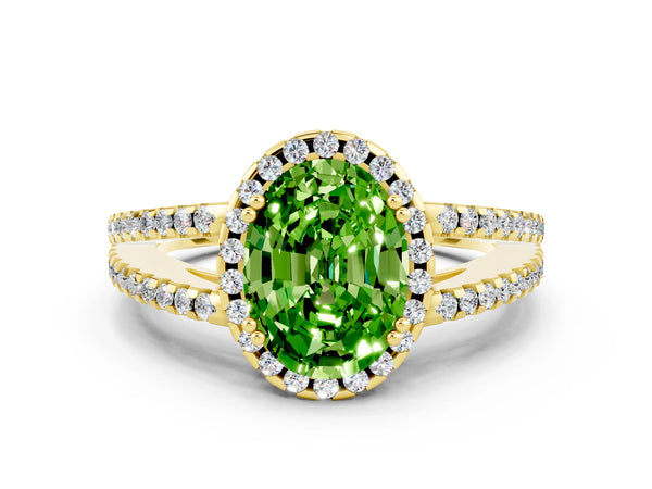 Yellow gold Oval Cut Peridot Halo Split Shank Engagement Ring