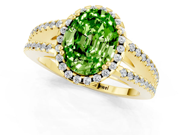Yellow gold Oval Cut Peridot Halo Split Shank Engagement Ring