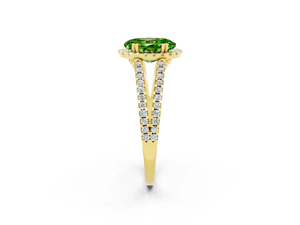 Yellow gold Oval Cut Peridot Halo Split Shank Engagement Ring