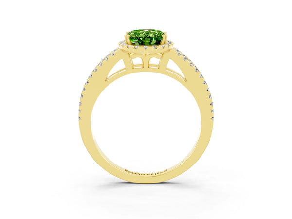 Yellow gold Oval Cut Peridot Halo Split Shank Engagement Ring