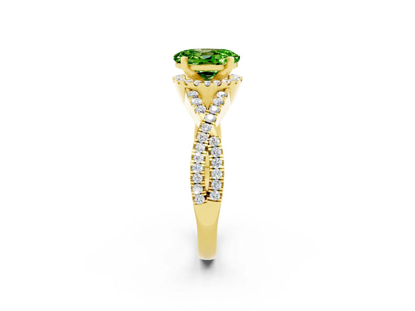 Yellow gold Oval Cut Peridot  Halo Twist Band Solitaire Prong Setting Ring