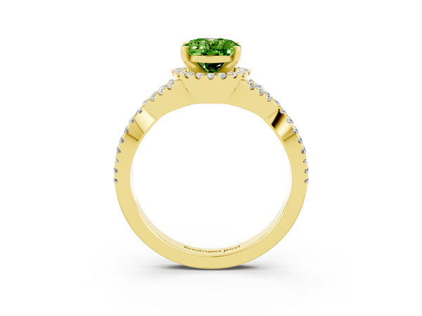Yellow gold Oval Cut Peridot  Halo Twist Band Solitaire Prong Setting Ring