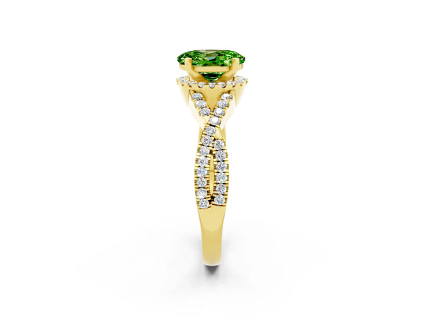 Yellow gold Oval Cut Peridot  Halo Twist Band Solitaire Prong Setting Ring