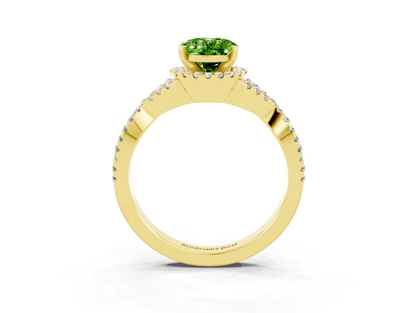 Yellow gold Oval Cut Peridot  Halo Twist Band Solitaire Prong Setting Ring