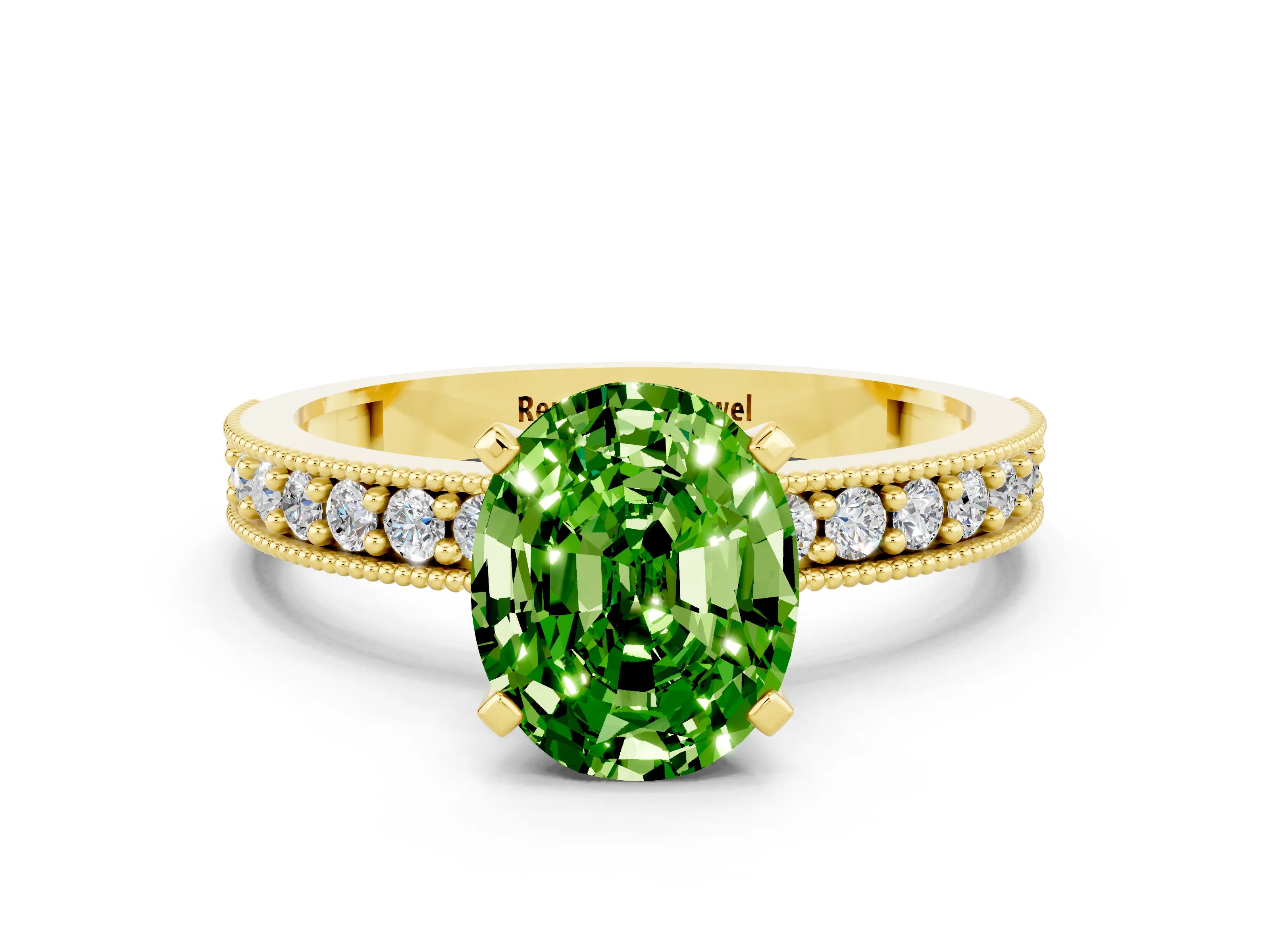 Yellow gold Oval Cut Peridot Milgrain Pavé Engagement Ring with Four-Prong Setting_12