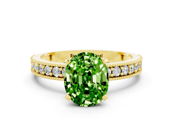 Yellow gold Oval Cut Peridot Milgrain Pavé Engagement Ring with Four-Prong Setting