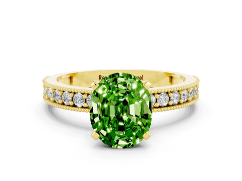 Yellow gold Oval Cut Peridot Milgrain Pavé Engagement Ring with Four-Prong Setting_12