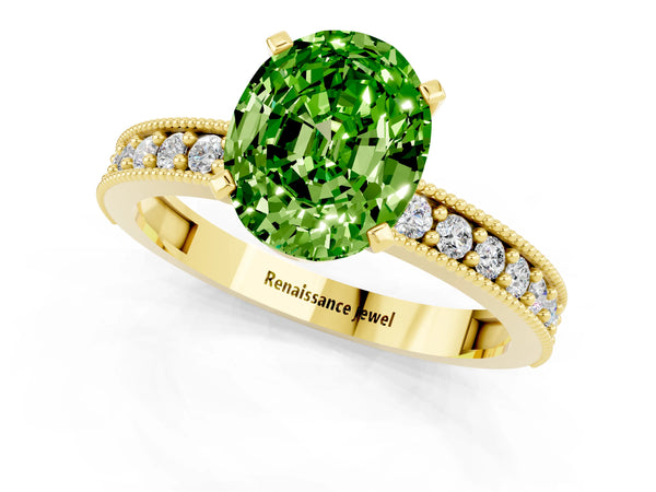 Yellow gold Oval Cut Peridot Milgrain Pavé Engagement Ring with Four-Prong Setting