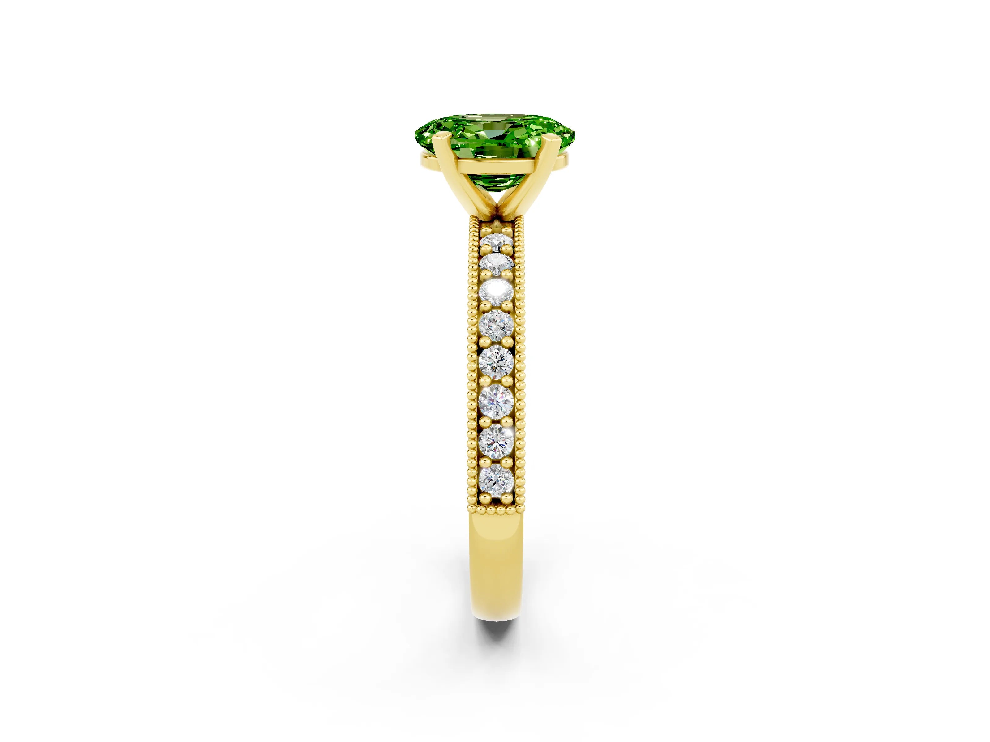 Yellow gold Oval Cut Peridot Milgrain Pavé Engagement Ring with Four-Prong Setting_14