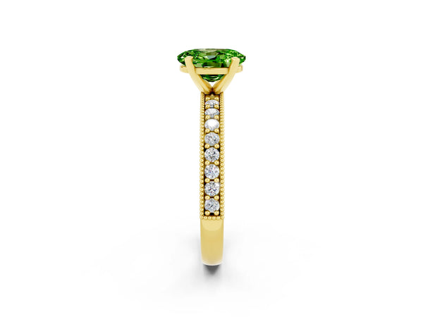 Yellow gold Oval Cut Peridot Milgrain Pavé Engagement Ring with Four-Prong Setting