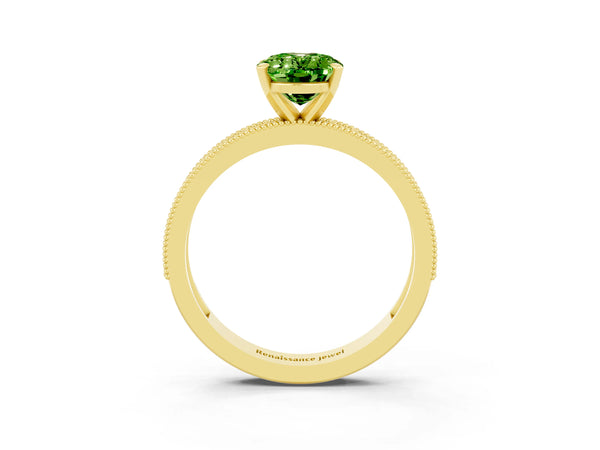Yellow gold Oval Cut Peridot Milgrain Pavé Engagement Ring with Four-Prong Setting
