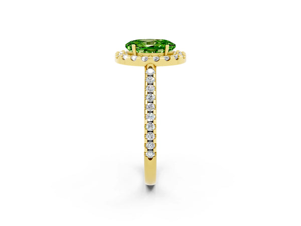 Yellow gold Oval Cut Peridot Pavé Halo Ring with Four-Prong Setting