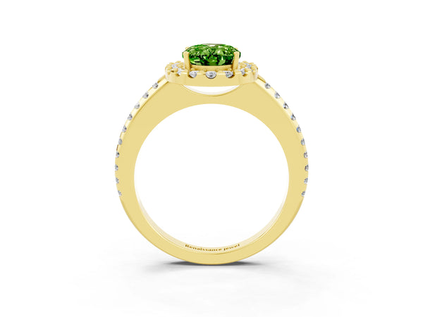 Yellow gold Oval Cut Peridot Pavé Halo Ring with Four-Prong Setting