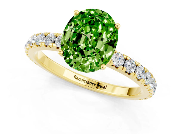 Yellow gold Oval Cut Peridot Pavé Solitaire Engagement Ring with Four-Prong Setting