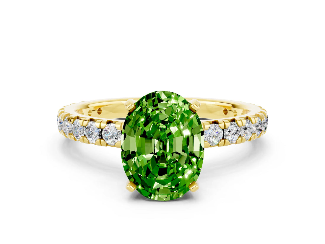 Yellow gold Oval Cut Peridot Pavé Solitaire Ring with Round Band and Prong Setting_24