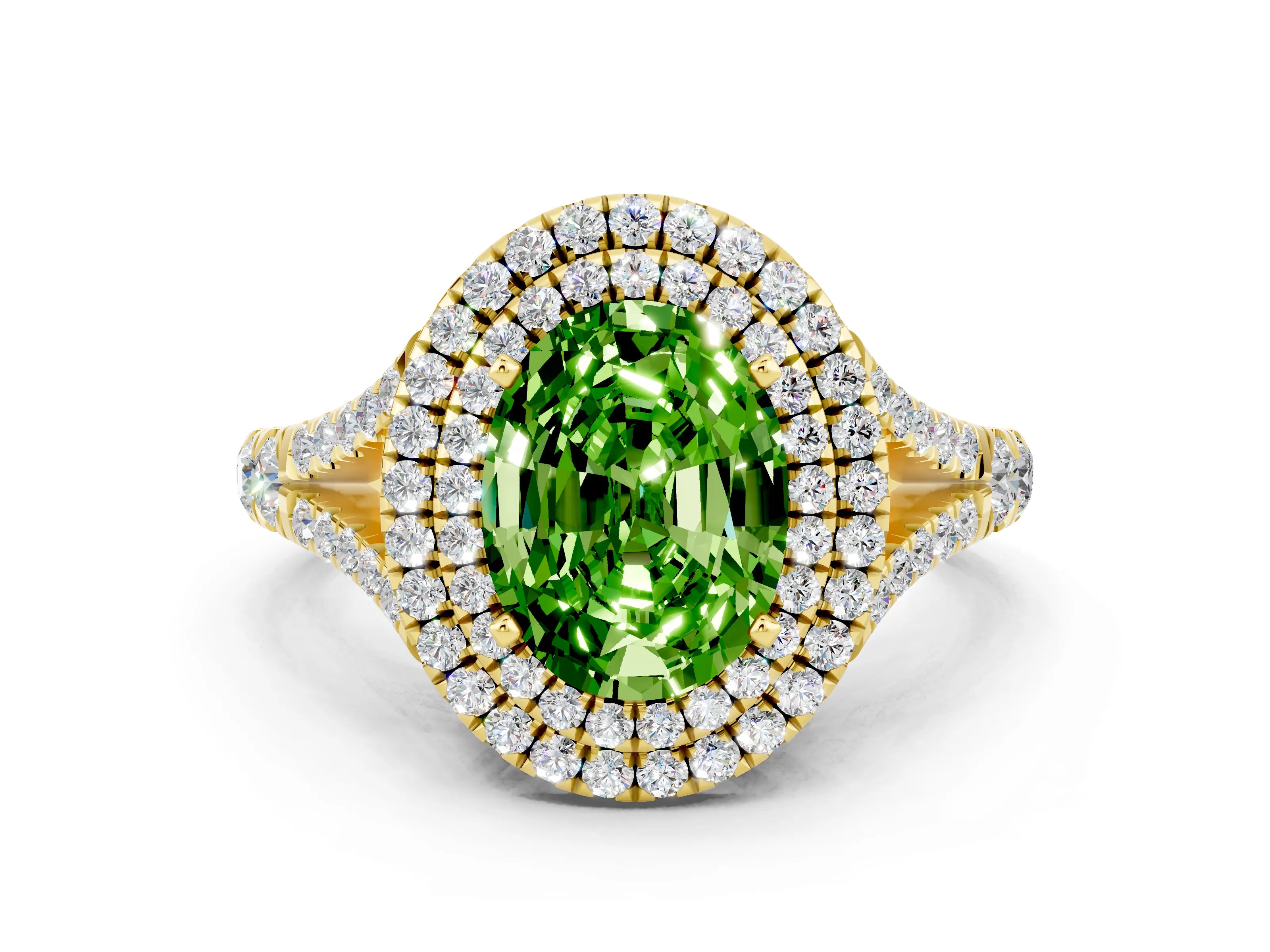 Yellow gold Oval Cut Peridot Pavé Split Shank Double Halo Engagement Ring