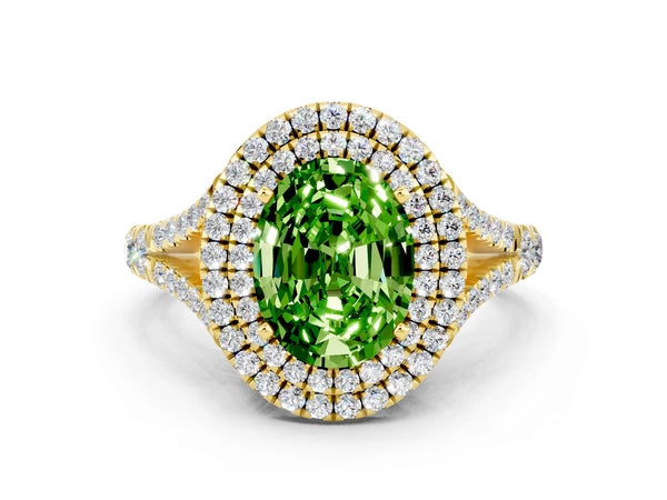 Yellow gold Oval Cut Peridot Pavé Split Shank Double Halo Engagement Ring