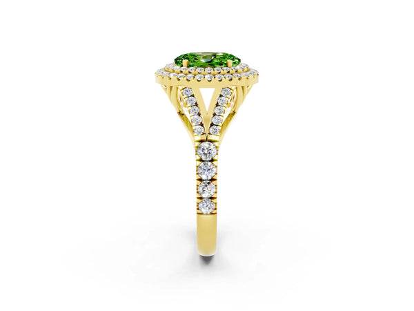 Yellow gold Oval Cut Peridot Pavé Split Shank Double Halo Engagement Ring