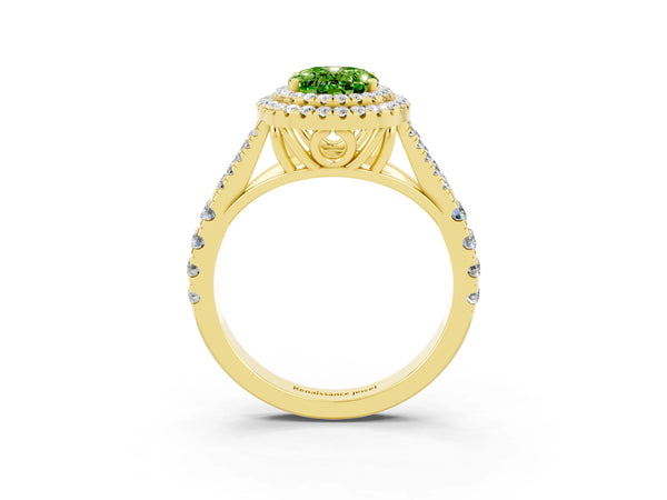 Yellow gold Oval Cut Peridot Pavé Split Shank Double Halo Engagement Ring