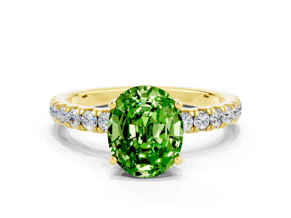 Yellow gold Oval Cut Peridot Pave Band Solitaire Ring with Round  and Prong Setting