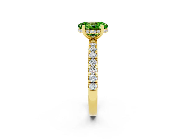 Yellow gold Oval Cut Peridot Pave Band Solitaire Ring with Round  and Prong Setting