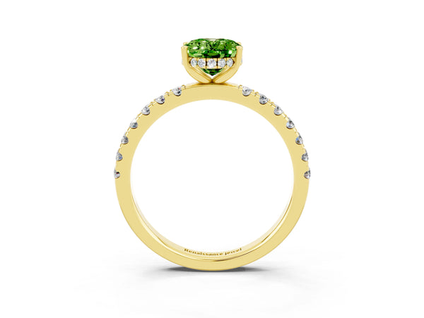 Yellow gold Oval Cut Peridot Pave Band Solitaire Ring with Round  and Prong Setting