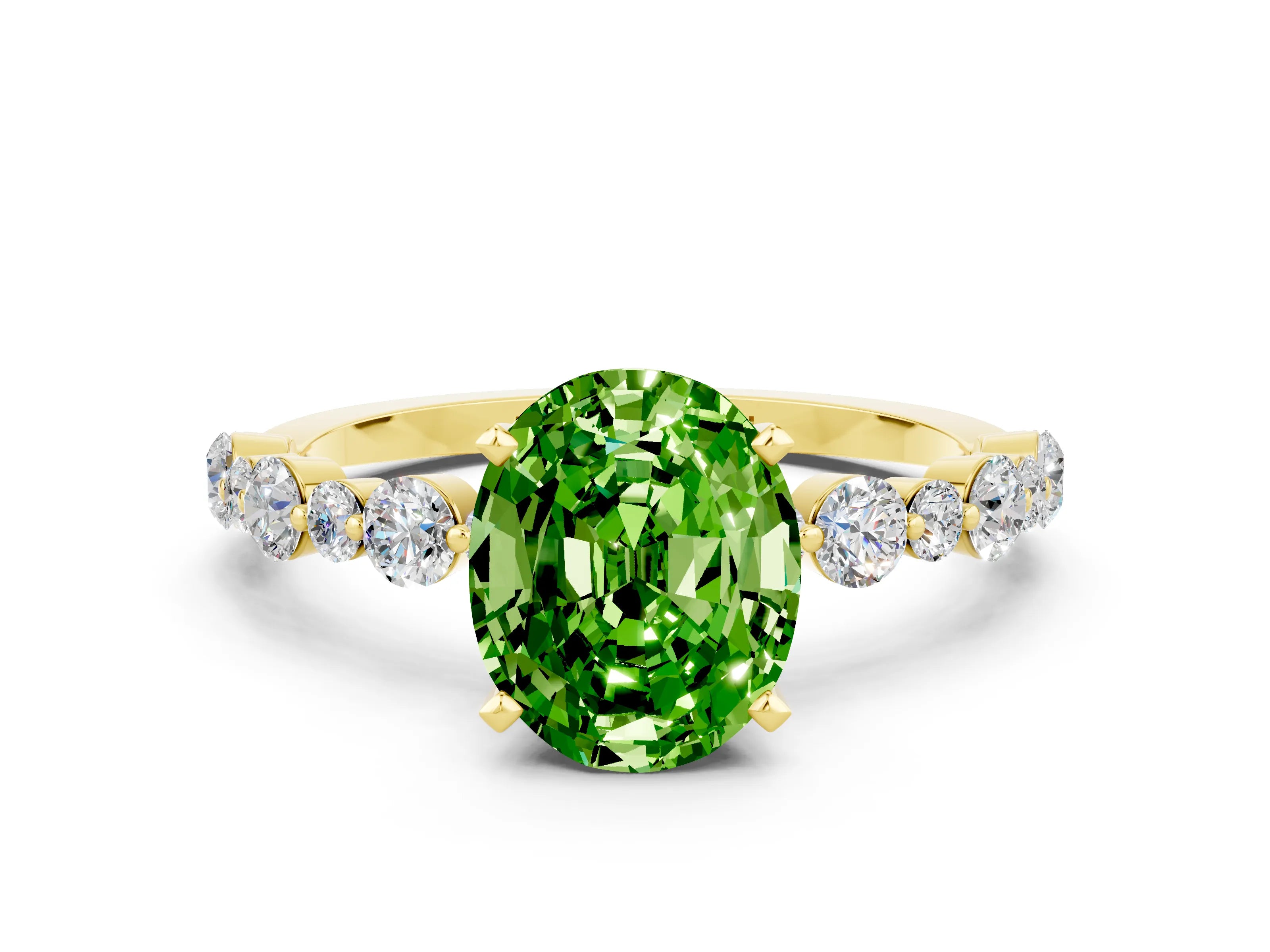 Yellow gold Oval Cut Peridot Prong Set Engagement Ring with Pavé Band