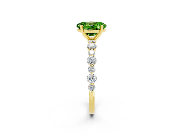 Yellow gold Oval Cut Peridot Prong Set Engagement Ring with Pavé Band