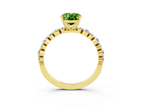 Yellow gold Oval Cut Peridot Prong Set Engagement Ring with Pavé Band