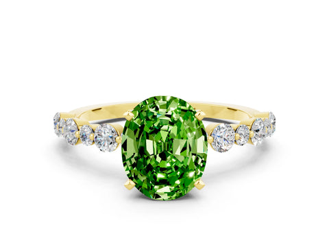 Yellow gold Oval Cut Peridot Prong Set Engagement Ring with Pavé Band