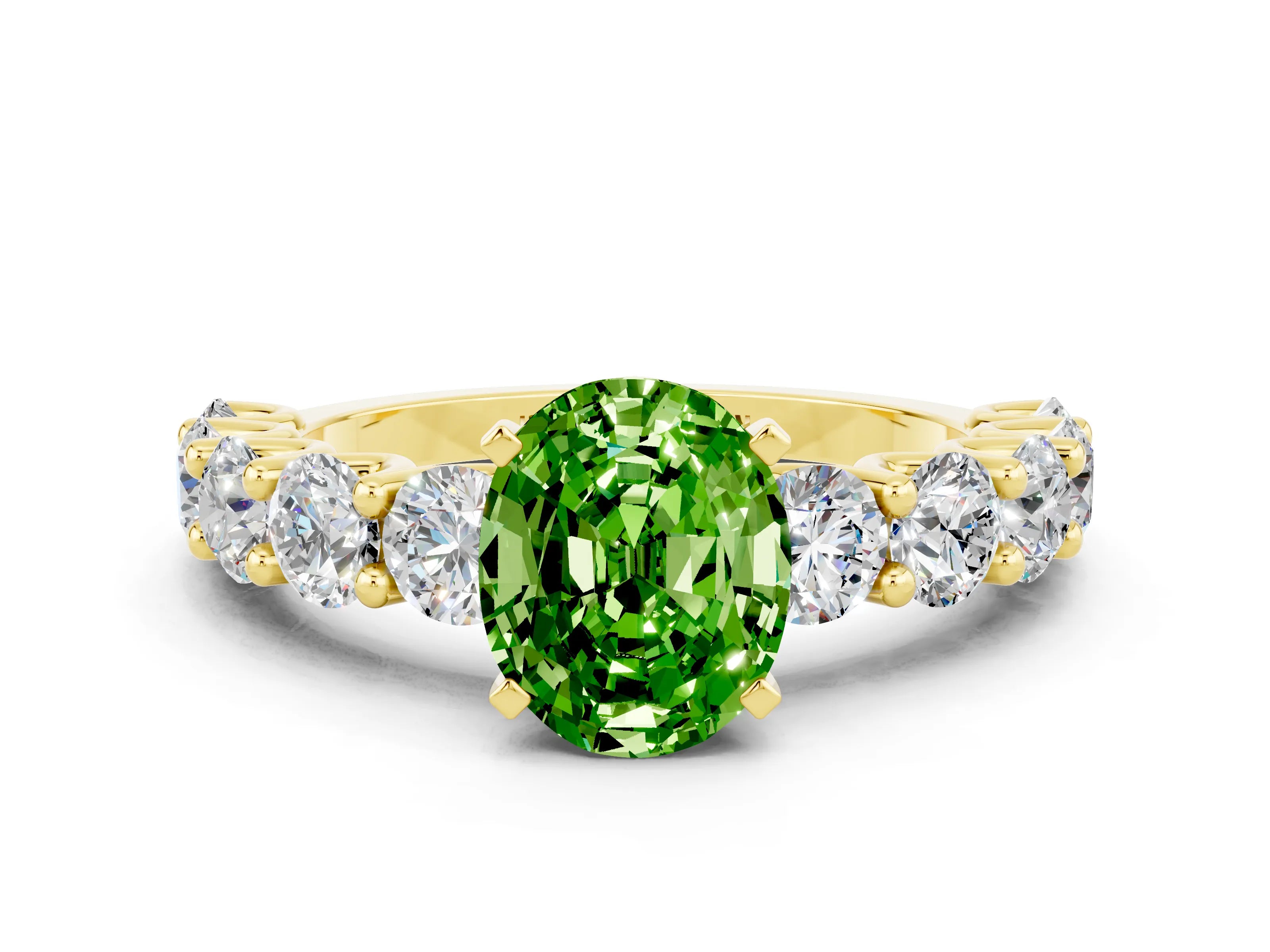 Yellow gold Oval Cut Peridot Prong Setting with Side Stones on a Pave Band