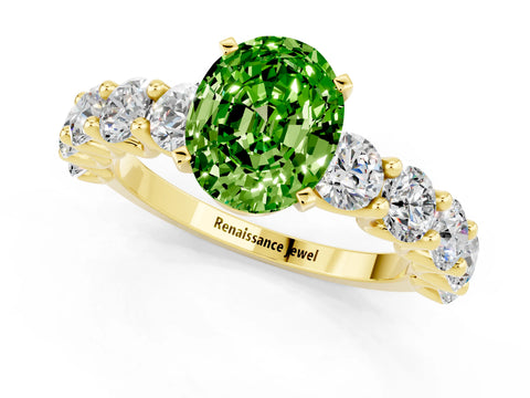 Yellow gold Oval Cut Peridot Prong Setting with Side Stones on a Pave Band_1