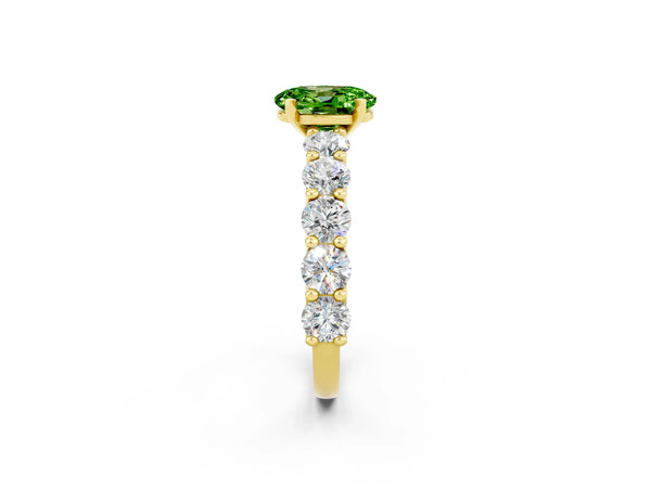 Yellow gold Oval Cut Peridot Prong Setting with Side Stones on a Pave Band