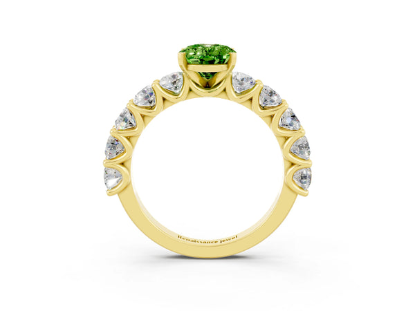 Yellow gold Oval Cut Peridot Prong Setting with Side Stones on a Pave Band