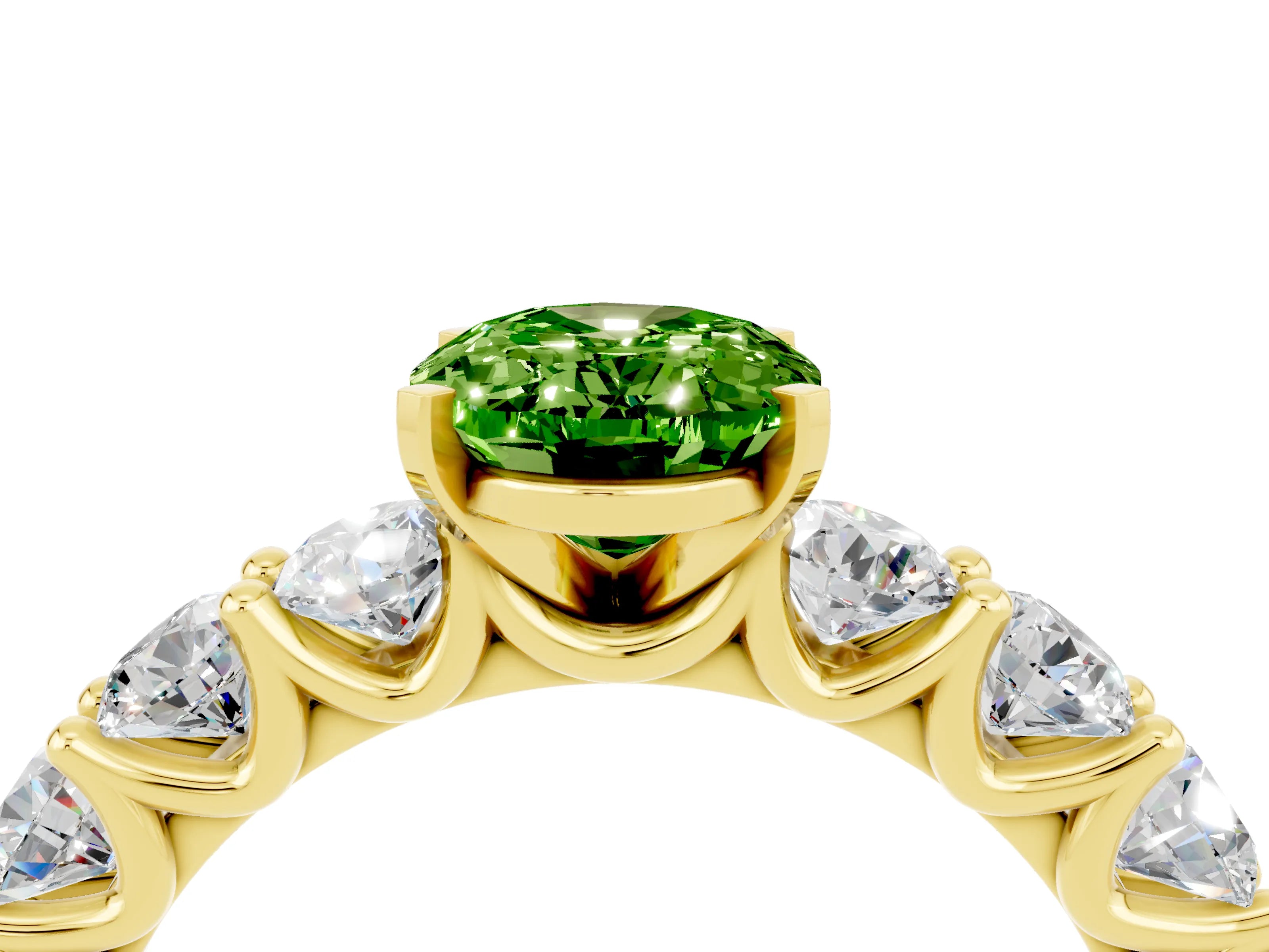 Yellow gold Oval Cut Peridot Prong Setting with Side Stones on a Pave Band_4